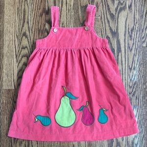 Adorable coral colored, Little English pear appliqué jumper dress, size 4T.